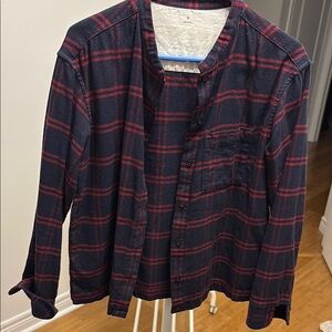 Muji Women’s Navy and Red Plaid Button-Up Shirt
